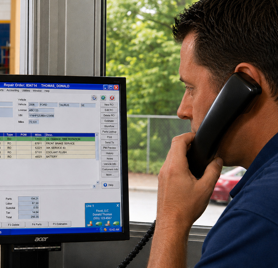 Service advisor using the phone while viewing a NAPA TRACS repair order and SmartCall caller popup