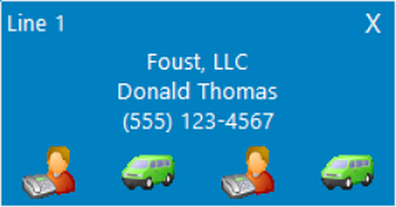 SmartCall caller ID popup showing a customer, phone number and vehicle icons
